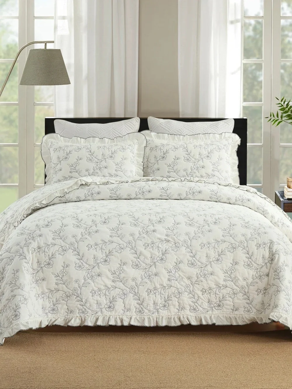 3 PIECE 100% COTTON EMBROIDERED FLORAL RUFFLE LIGHTWEIGHT QUILT BEDSPREAD SET